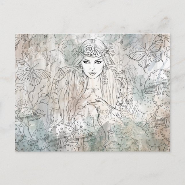 Gothic beautiful witch with raven postcard (Front)