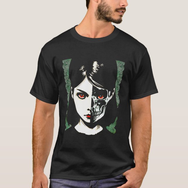 Gothic Beauty Half Face Half Skull Punk Grunge Got T-Shirt (Front)