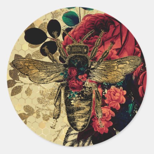 Gothic Bee  Roses Classic Round Sticker