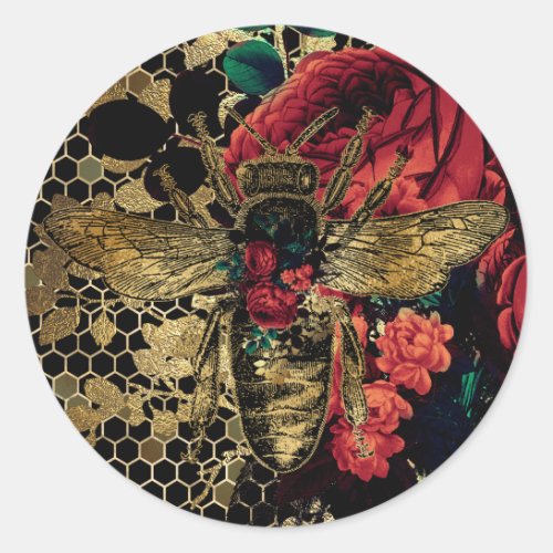 Gothic Bee  Roses Classic Round Sticker