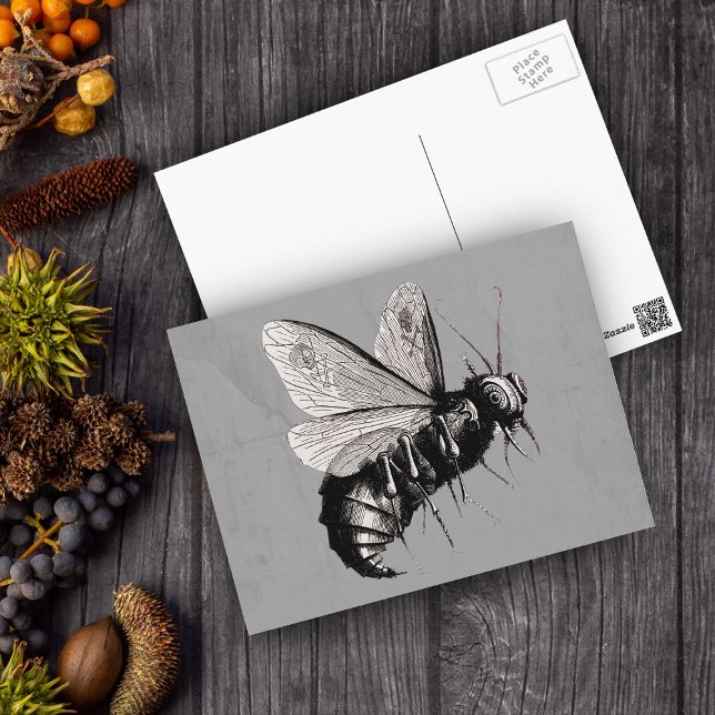 Gothic Bee Skull Wings Postcard (Big Gothic black white bee skull crossbones on wings on grey postcard.)