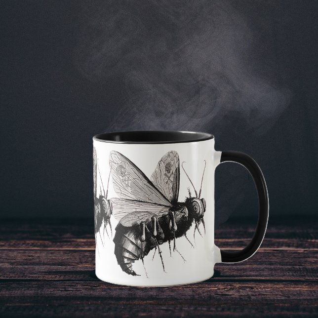 Gothic Bees Skull Wings Mug (Big black white creepy bee with skull crossbones on wings on blck white coffee or tea mug.)