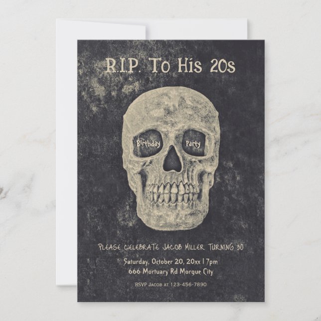 Gothic Beige Gray Skull Birthday RIP To His 20s Invitation (Front)