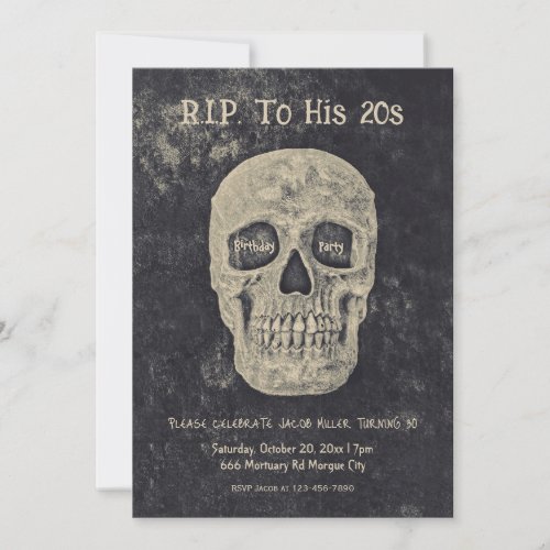 Gothic Beige Gray Skull Birthday RIP To His 20s Invitation