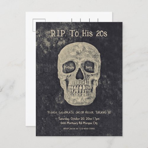 Gothic Beige Gray Skull Birthday RIP To His 20s Invitation Postcard
