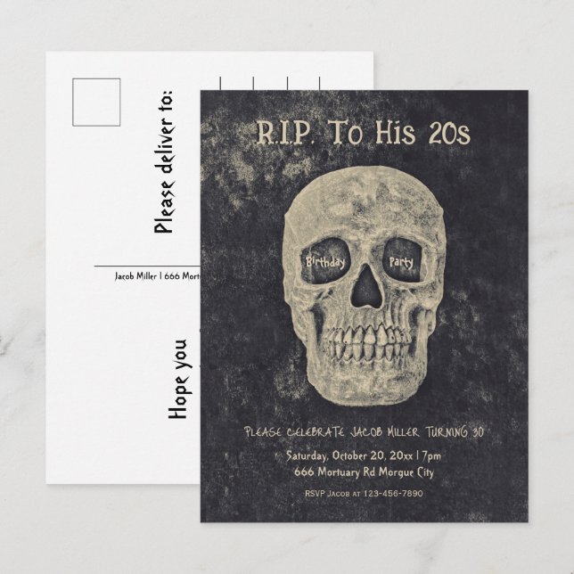 Gothic Beige Gray Skull Birthday RIP To His 20s Invitation Postcard (Front/Back)