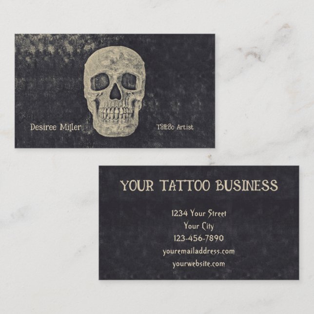 Gothic Beige Gray Skull Tattoo Shop Business Card (Front/Back)