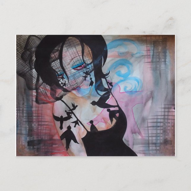 Gothic Birds Birdcage Veil Surreal Art Postcard (Front)