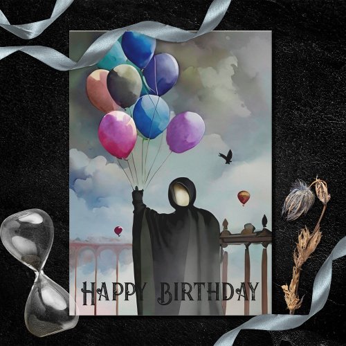 Gothic Birthday Balloons  Cloudy Sky Black Cloak Card