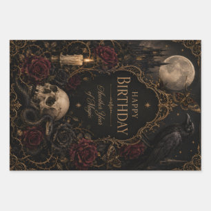Gothic Birthday Card, Dark Floral, Moths, Roses Wrapping Paper Sheets