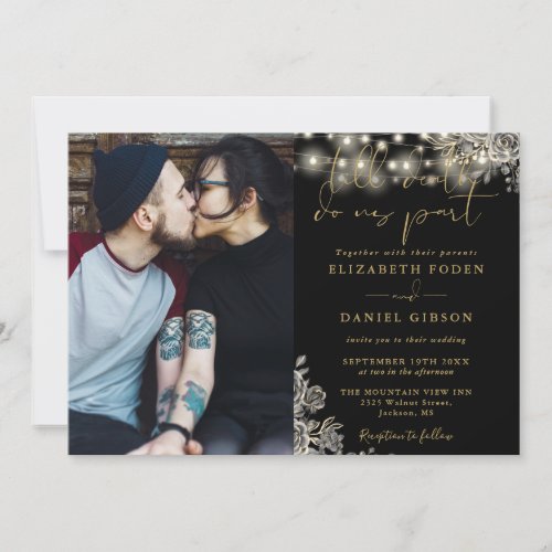Gothic Black And Gold Floral Lights Photo Wedding Invitation