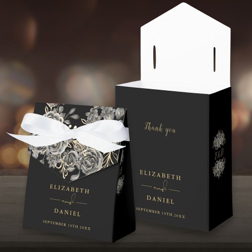 Gothic Black And Gold Floral Monogram Wedding Favor Boxes