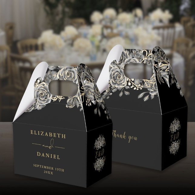 Gothic Black And Gold Floral Rose Monogram Wedding Favor Boxes (Gothic Black And Gold Floral Rose Monogram Wedding Favor Boxes)