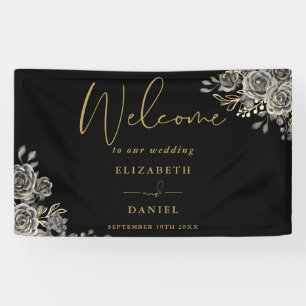 Gothic Black And Gold Floral Wedding Welcome Banner