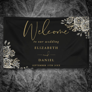 Gothic Black And Gold Floral Wedding Welcome Banner