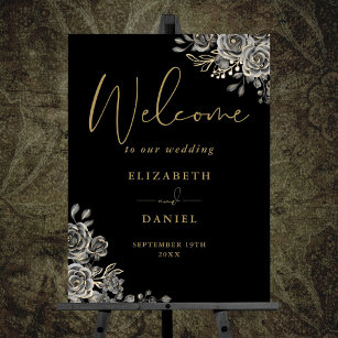 Gothic Black And Gold Floral Wedding Welcome Sign