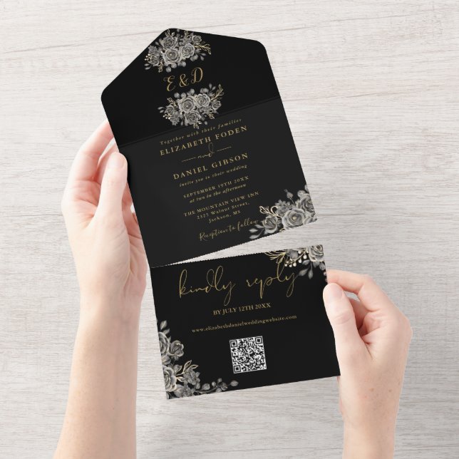 Gothic Black And Gold Monogram QR Code Wedding All In One Invitation (Tearaway)