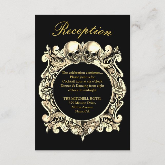 Gothic Black And Gold Monogram Wedding Reception Enclosure Card (Front)