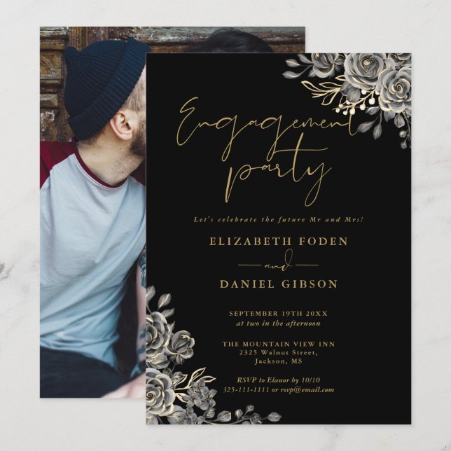 Gothic Black And Gold Photo Engagement Party Invitation (Front/Back)