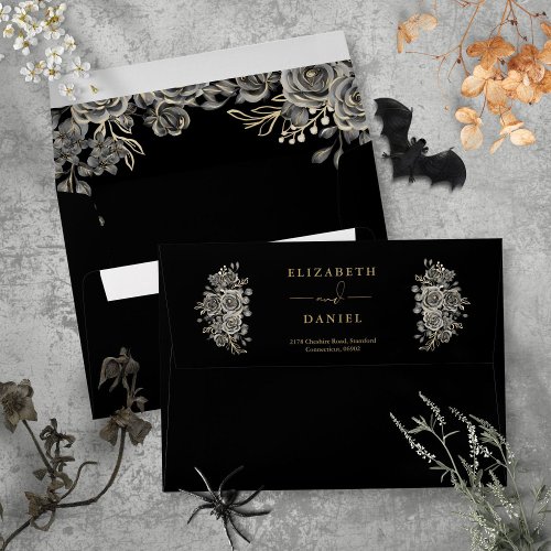 Gothic Black And Gold Roses Floral Return Address Envelope