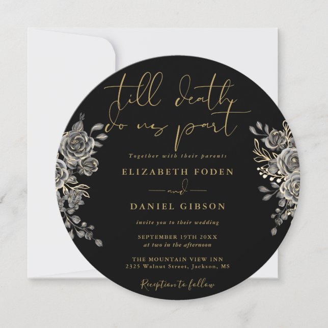 Gothic Black And Gold Roses Floral Wedding Invitation (Front)
