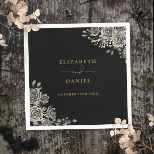 Gothic Black And Gold Roses Floral Wedding Napkins