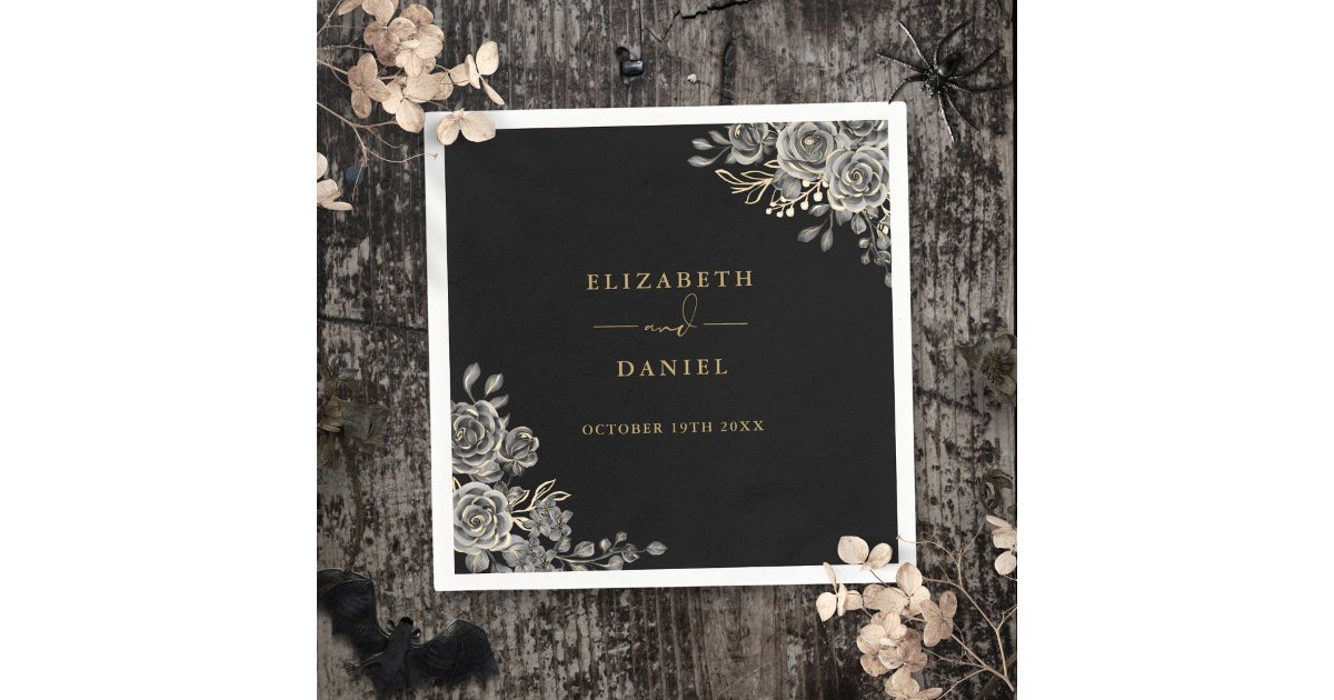 Gothic Black And Gold Roses Floral Wedding Napkins | Zazzle