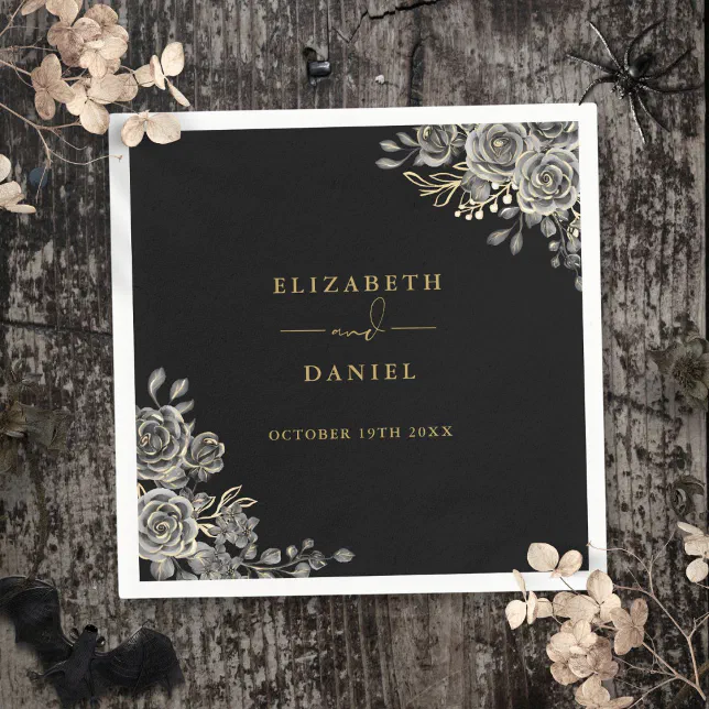 Gothic Black And Gold Roses Floral Wedding Napkins | Zazzle
