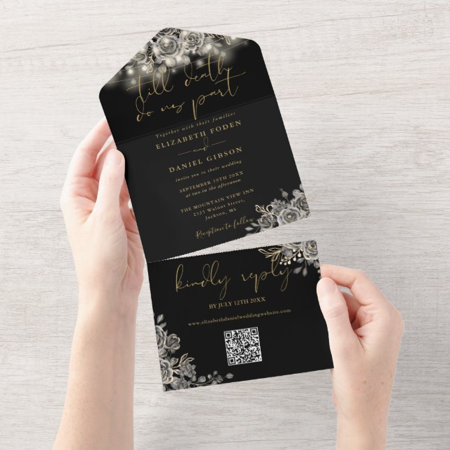 Gothic Black And Gold Roses Lights QR Code Wedding All In One Invitation (Tearaway)