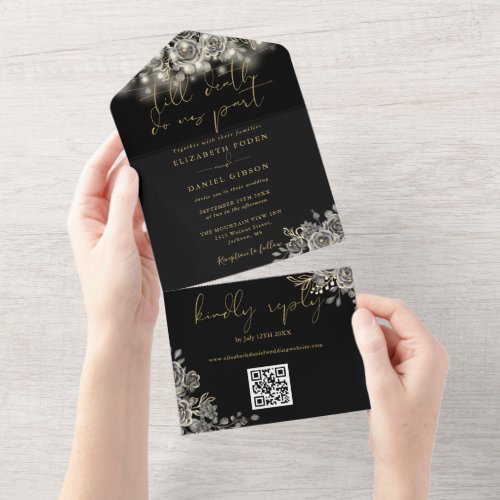Gothic Black And Gold Roses Lights QR Code Wedding All In One Invitation