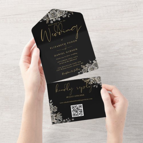 Gothic Black And Gold Roses QR Code Wedding All In One Invitation