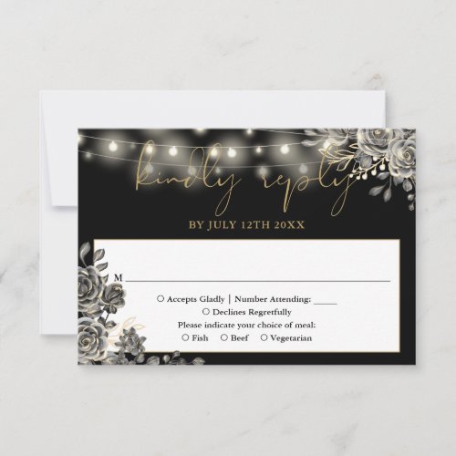 Gothic Black And Gold Roses String Lights Wedding RSVP Card