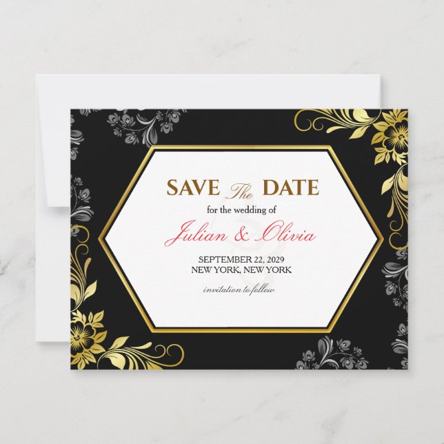 Gothic Black and Gold Save the Date Card (Front)