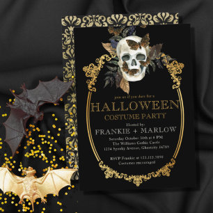 Gothic Black And Gold Skull Adult Halloween Party Invitation