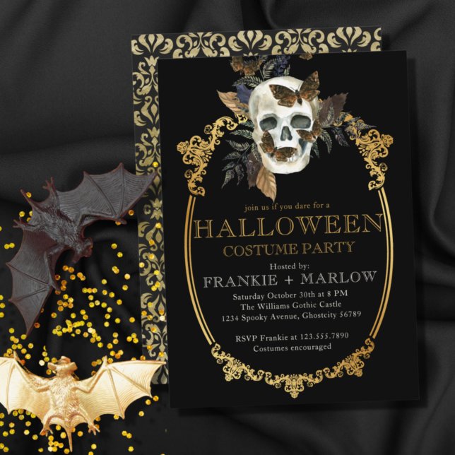 Gothic Black And Gold Skull Adult Halloween Party Invitation (Creator Uploaded)