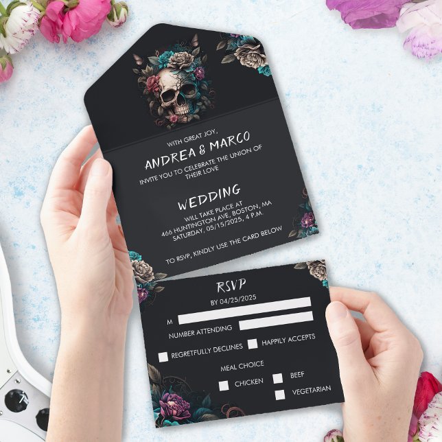Gothic Black and Purple Halloween Wedding Skull Al All In One Invitation (Skull Wedding Invitation With Rsvp Card)
