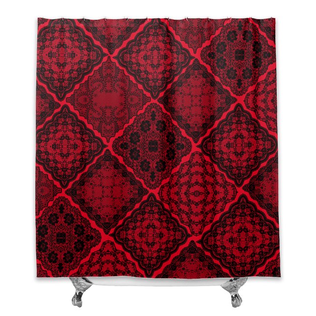 Gothic Black and Red Faux Lace Quilt Shower Curtain (Creator Uploaded)