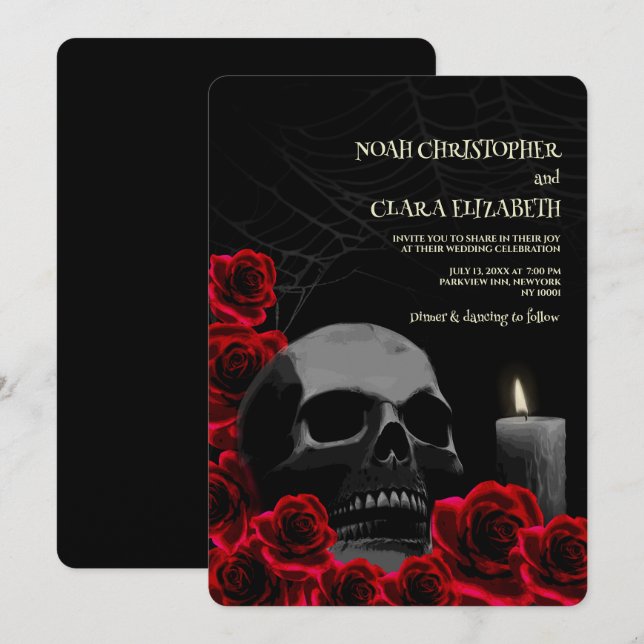 Gothic Black and Red Halloween Skull red roses Invitation (Front/Back)