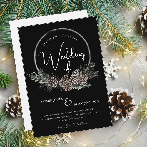 Gothic Black and White Christmas Wreath Wedding Invitation