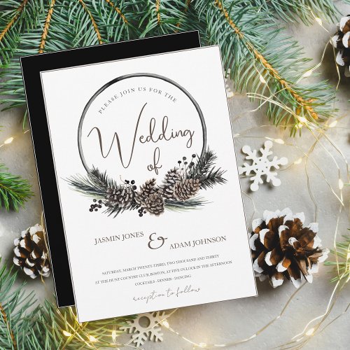 Gothic Black and White Christmas Wreath Wedding Invitation