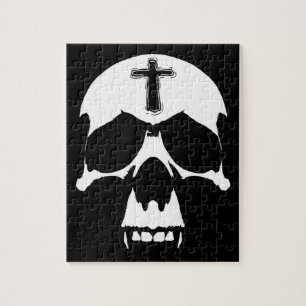 Gothic Black and White Demon Skull Illustration Jigsaw Puzzle