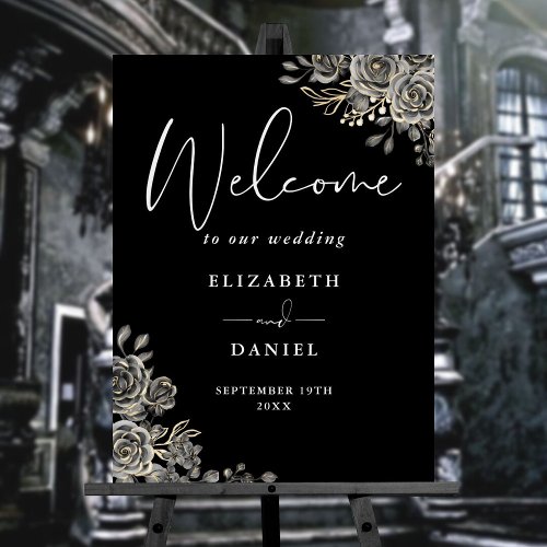 Gothic Black And White Floral Wedding Welcome Sign
