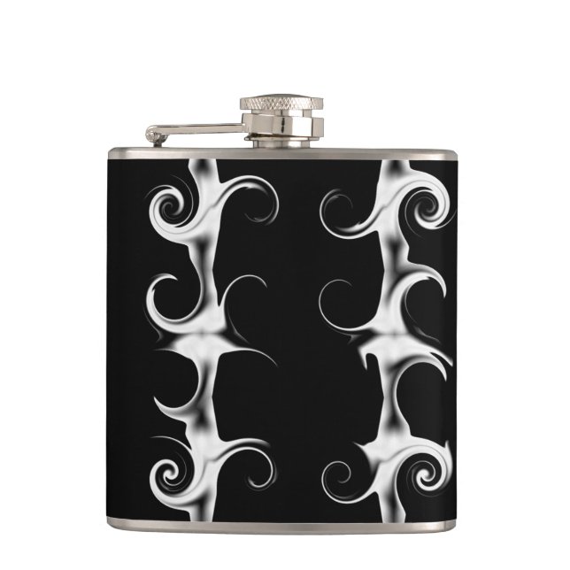Gothic Black and White Linear Curlicue Pattern Flask (Front)