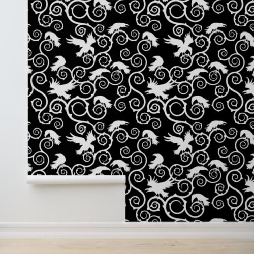 Gothic Black and White Raven Victorian Gothic Home Wallpaper