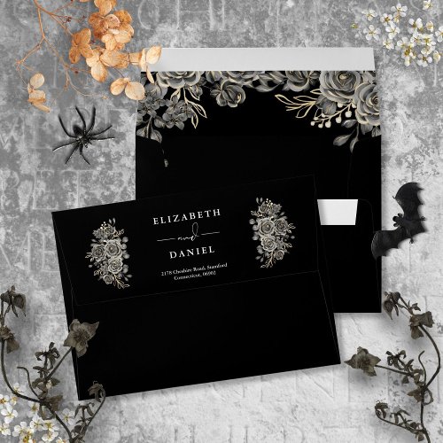 Gothic Black And White Roses Floral Return Address Envelope