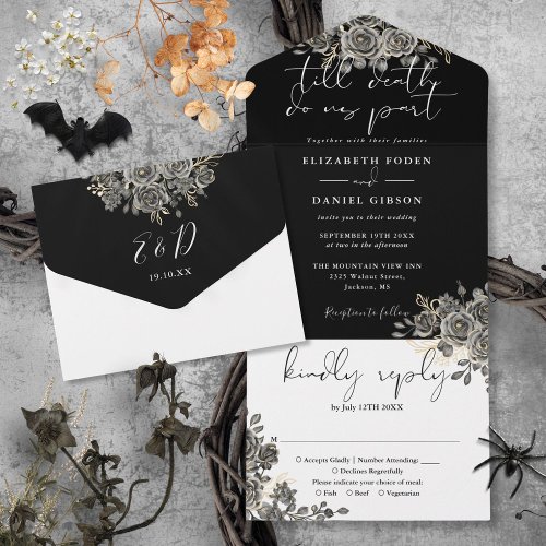 Gothic Black And White Roses Floral Wedding All In One Invitation