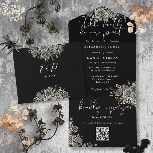 Gothic Black And White Roses QR Code Wedding All In One Invitation