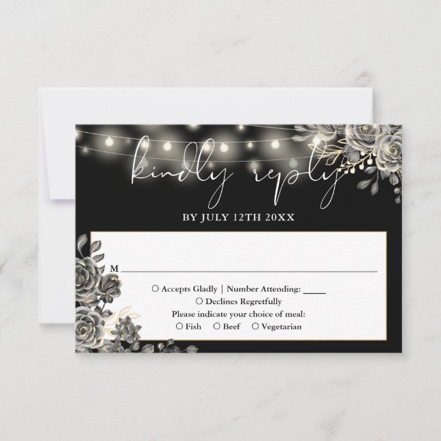 Gothic Black And White Roses String Lights Wedding RSVP Card (Front)