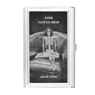 Gothic Black And White Skeleton Tattoo Shop Business Card Case