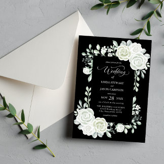 Gothic Black and White Tropical Roses Wedding Invitation